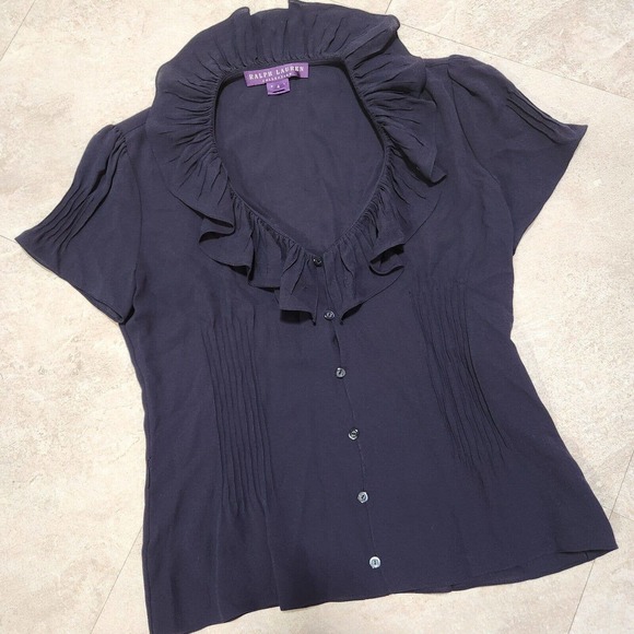 VTG Ralph Lauren Purple Label Womens 4 Blouse 100% Silk Button Up Top Union Made